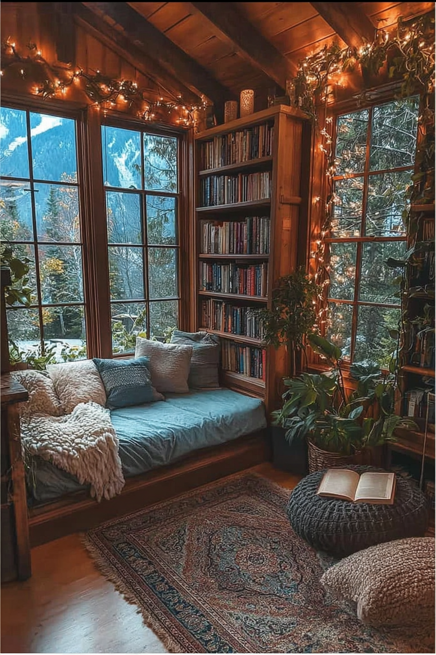 Expansive window seat overlooking vast mountain landscape with oversized pillows and pendant lights