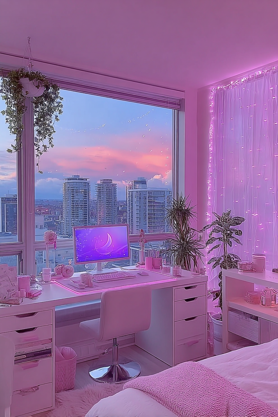 Floating shelves with warm LED strip lighting highlighting plants, books, and decorative objects