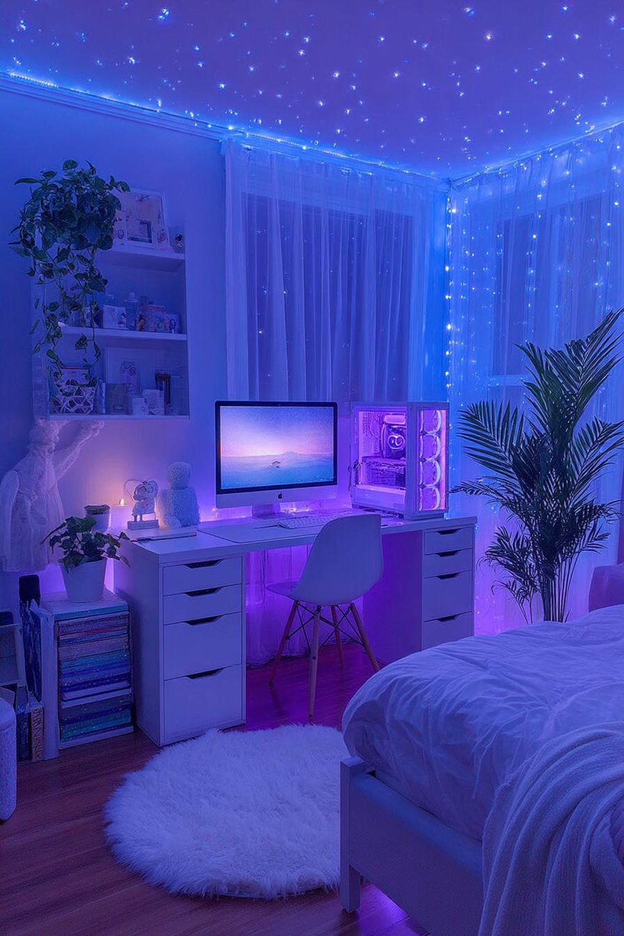 Neon wall art and LED decorative pieces displayed on shelving above a desk with filtered lighting