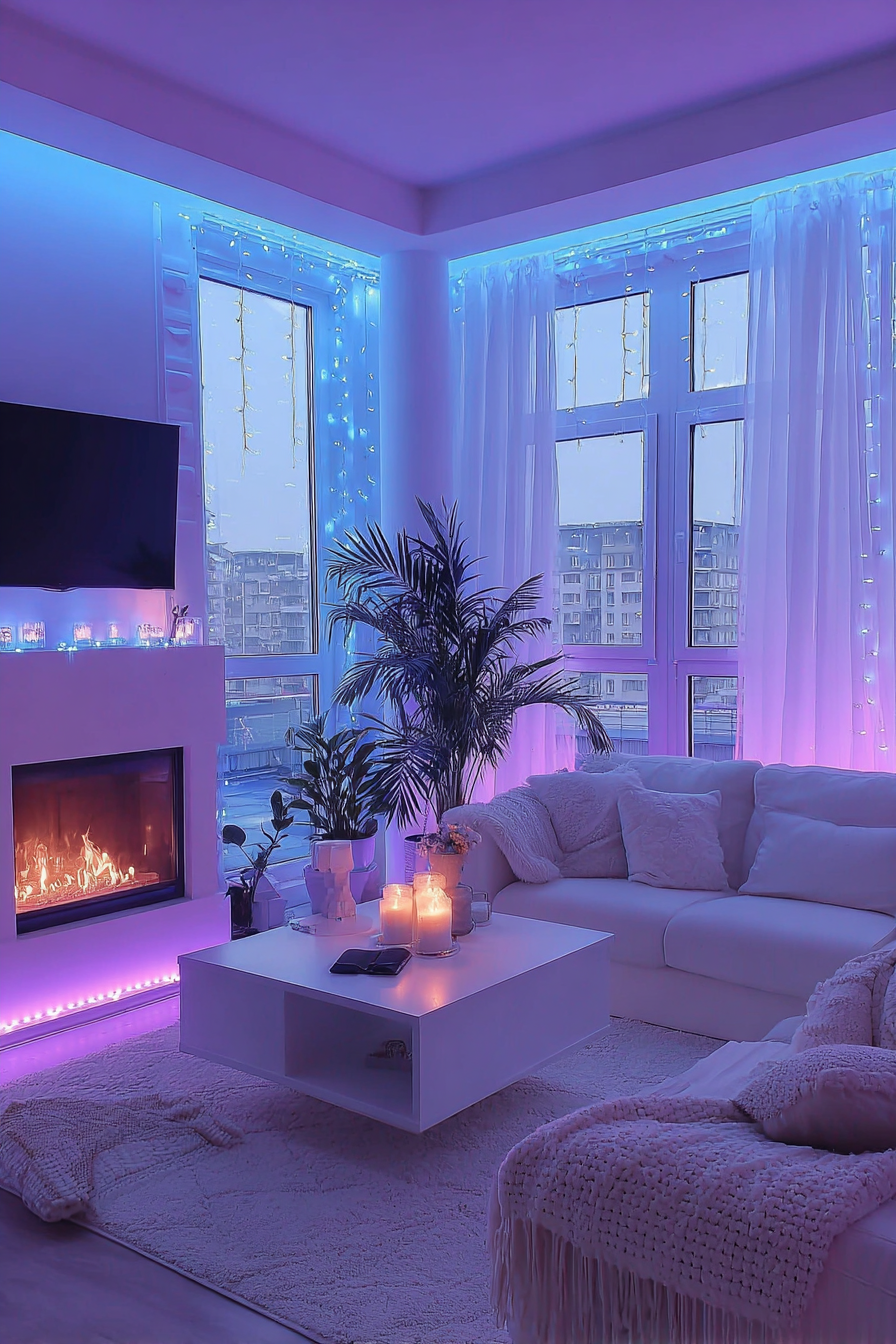 Tall areca palm and leafy houseplants standing beside white fireplace and large windows, backlit by LED lights and draped curtains