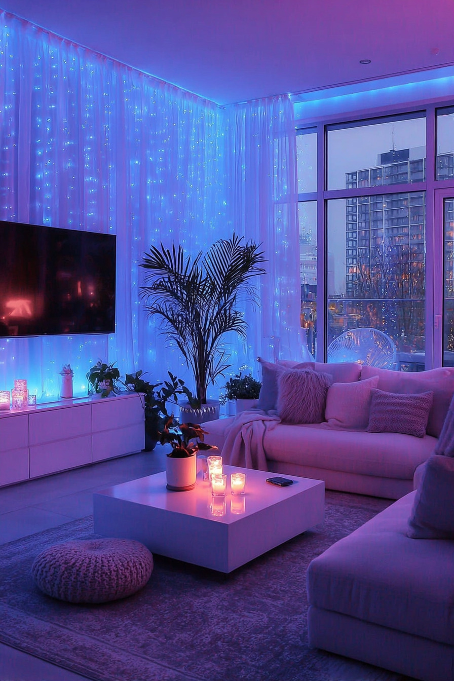 Modern living room featuring a plush mauve sectional sofa illuminated by blue string lights and sheer curtains, with candlelight on coffee table