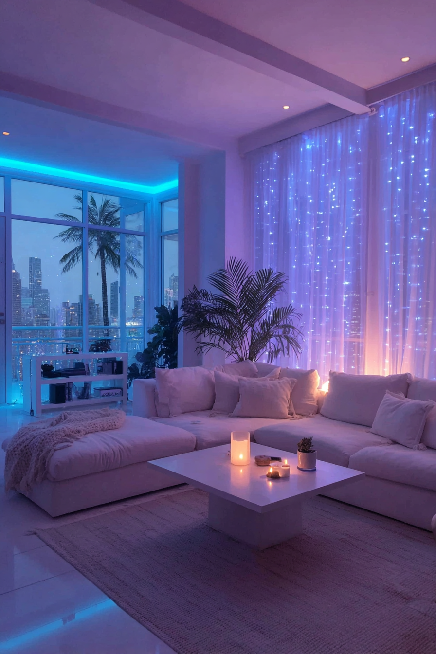 Living room corner with bright cyan LED strip lighting framing tall windows, white media console with plants, and candlelit coffee table