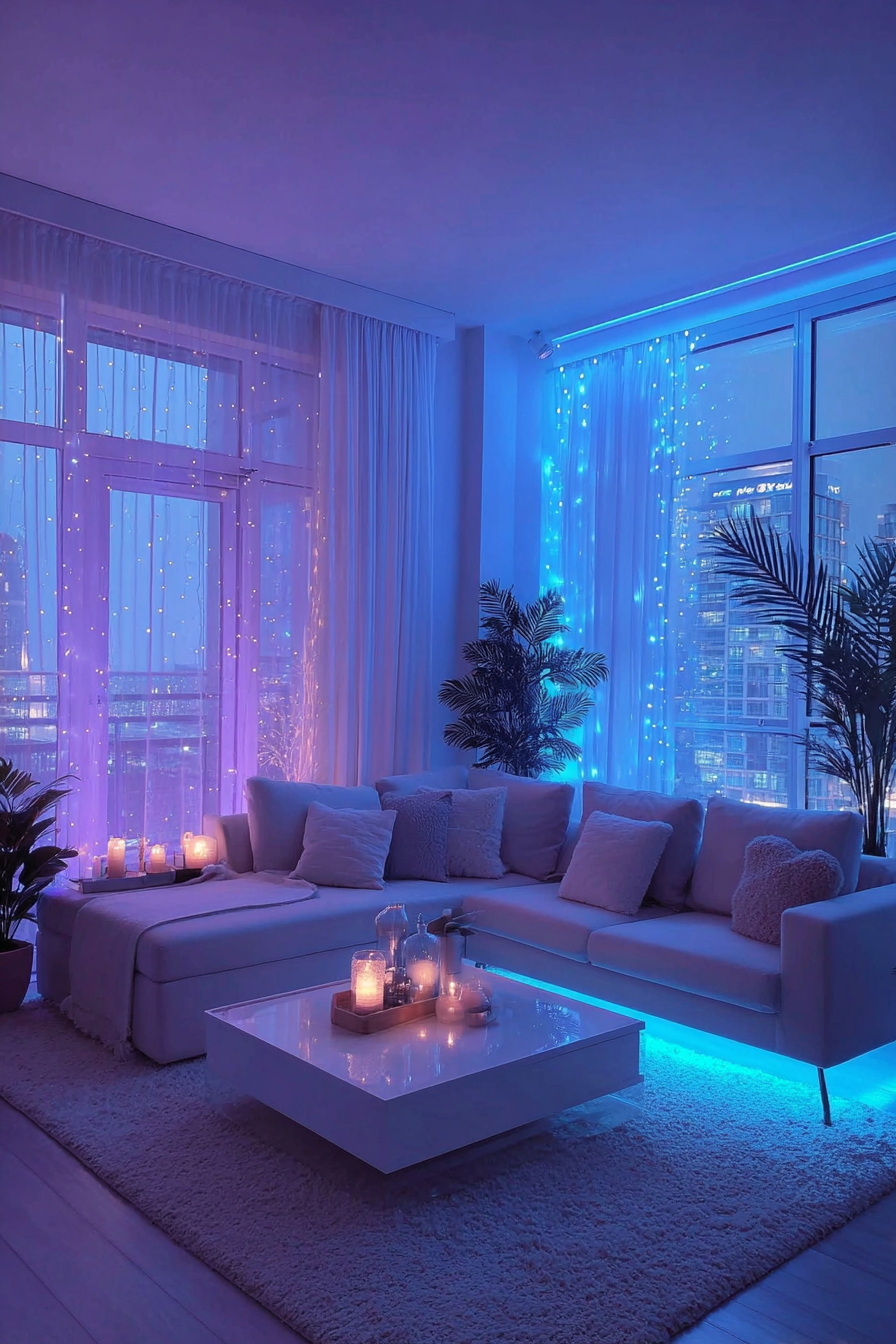 Minimalist white coffee table styled with flickering candles, potted succulents, and glowing LED backdrop, soft city skyline views beyond