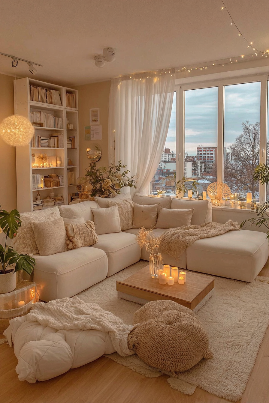 Minimalist high-rise living room with built-in shelving, warm golden pendant lights, white boucle curved sectional, pink and cream throw pillows, potted plants, soft natural light from large windows
