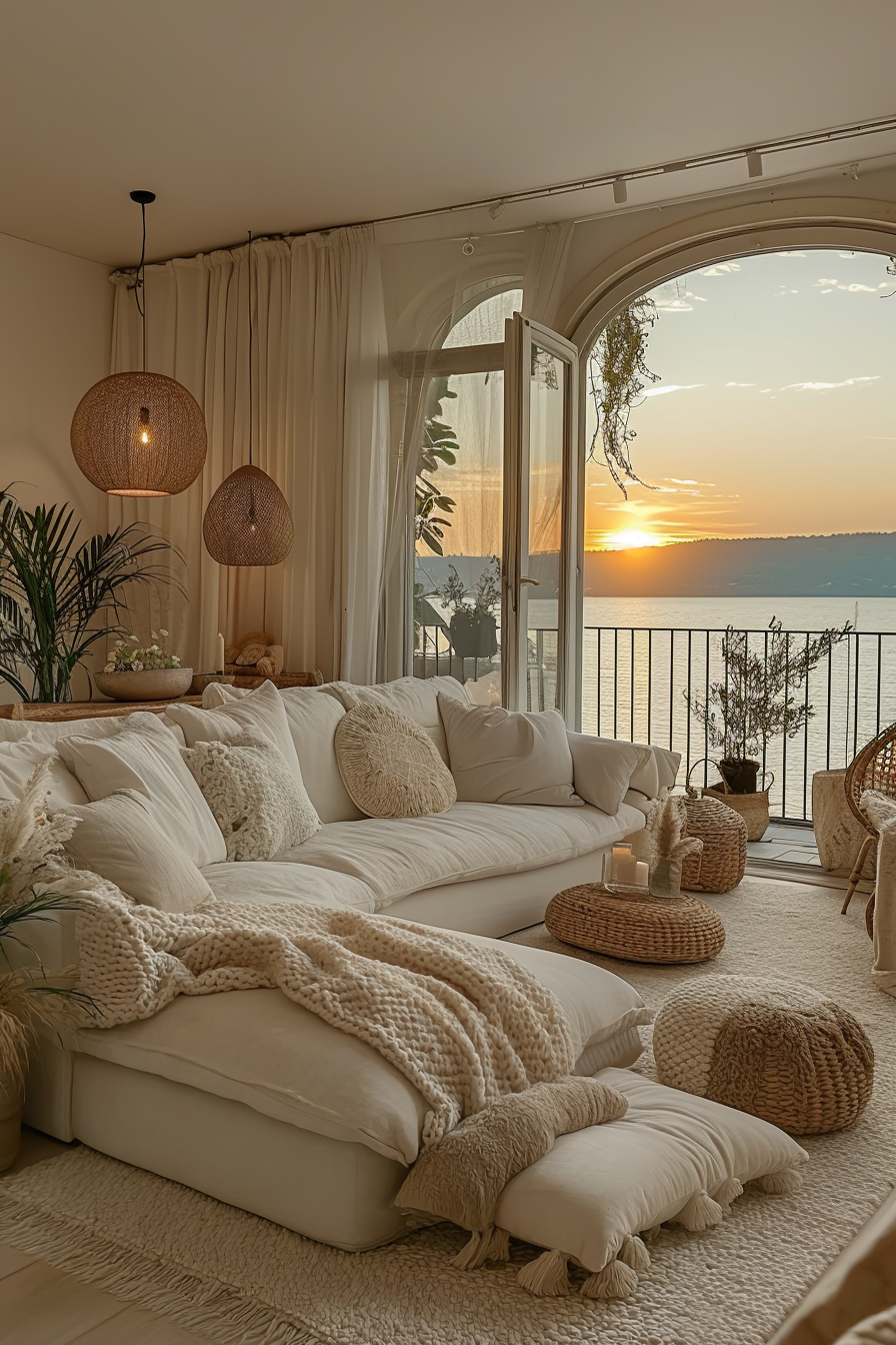 Waterfront apartment living room bathed in golden sunset light, sheer cream curtains billowing, white sectional with cream textured pillows, woven pendant lights, potted plant, open archway to balcony overlooking sunset
