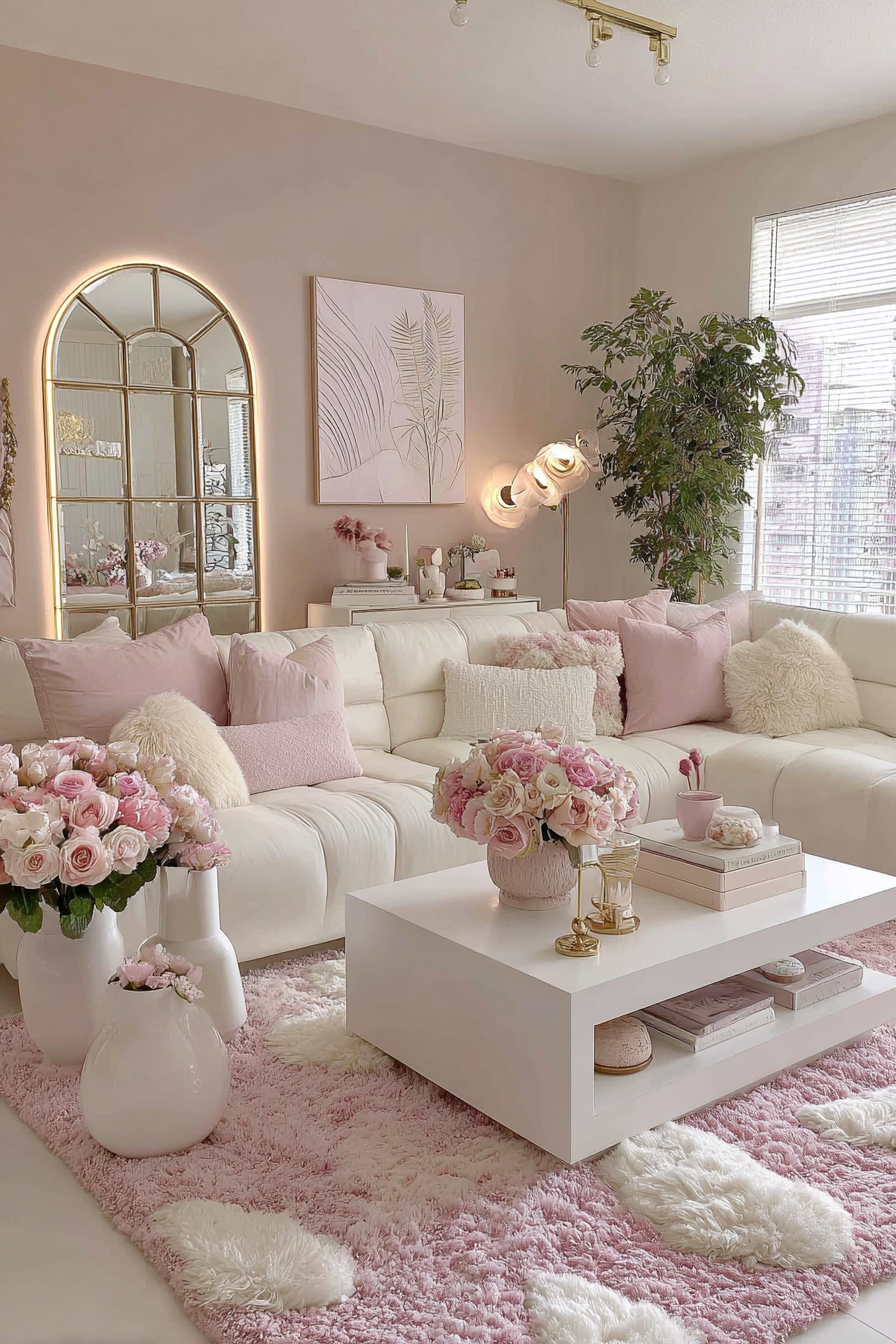 Elegant small living room with large arched backlit mirror emitting warm glow, cream boucle sectional, pink and white throw pillows, fresh flowers in white vases, gallery wall, modern pendant lighting