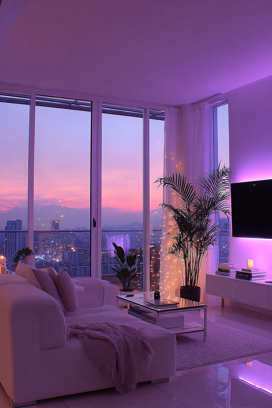Modern high-rise apartment living room bathed in soft purple ambient lighting, floor-to-ceiling windows overlooking cityscape at dusk, white curved sectional, monstera plant silhouetted against pink sunset