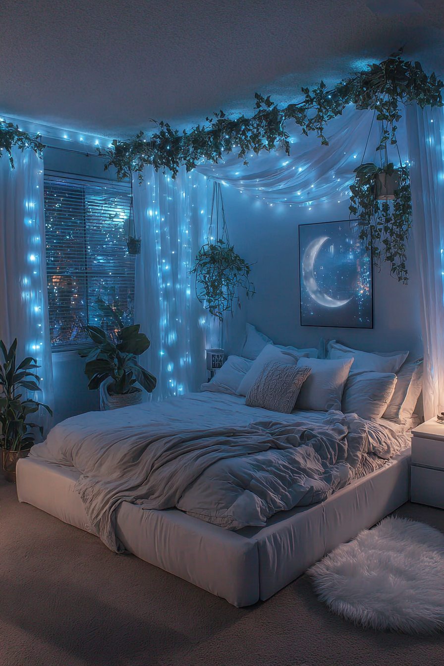 Dreamy Blue Bedroom with Celestial Lights and Hanging Plants