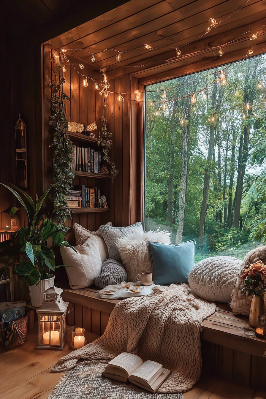 Cozy wooden window seat with warm string lights, cream and blue pillows, and forest view