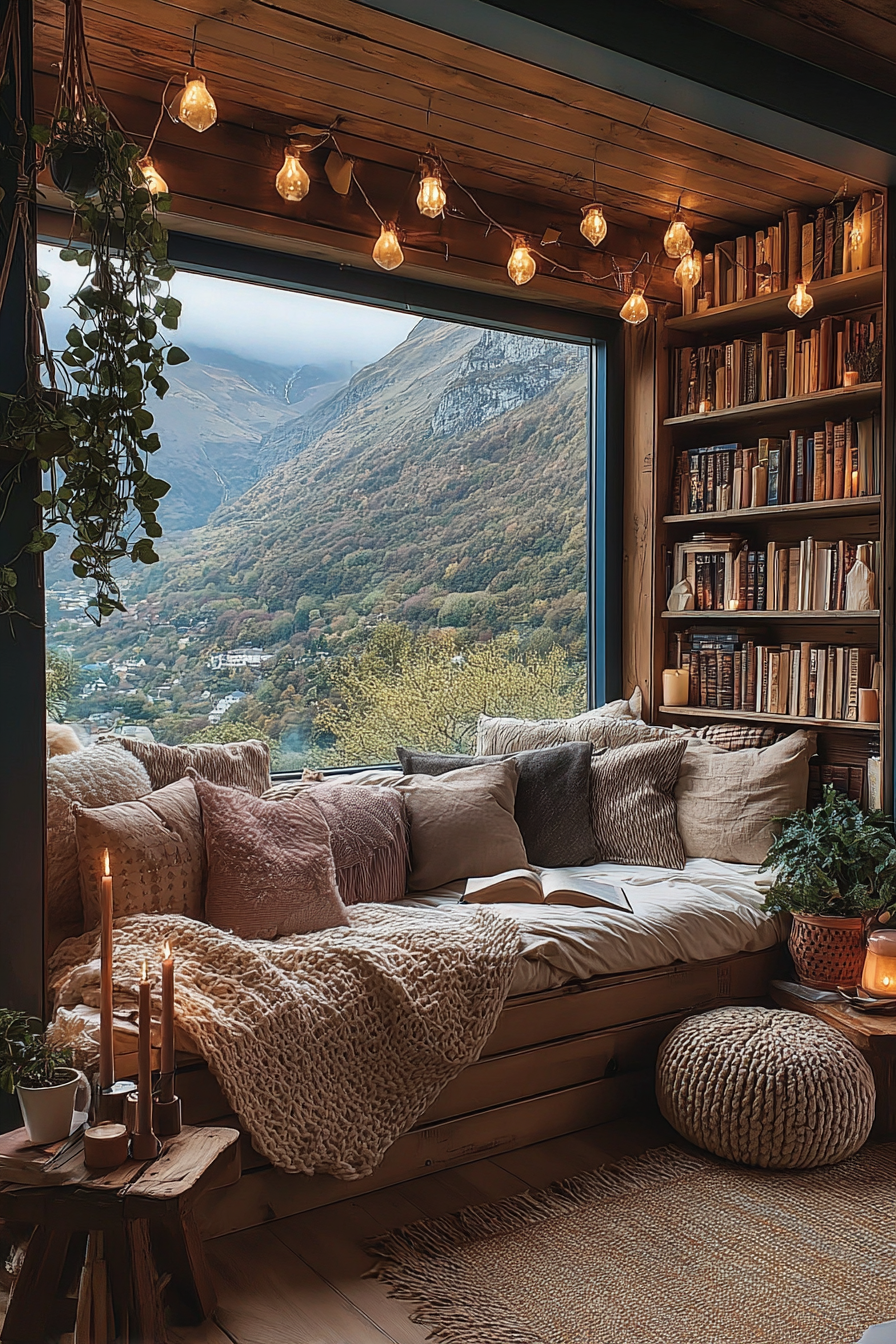 Wood-paneled library alcove window seat with golden string lights, blue and cream pillows, and surrounding bookshelves