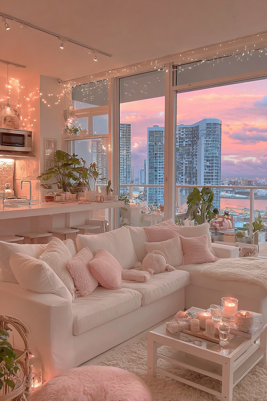 Cozy apartment living room with warm white string lights draped across ceiling and walls, soft peach ambient glow, white sectional with textured pillows, floor-to-ceiling windows framing sunset cityscape