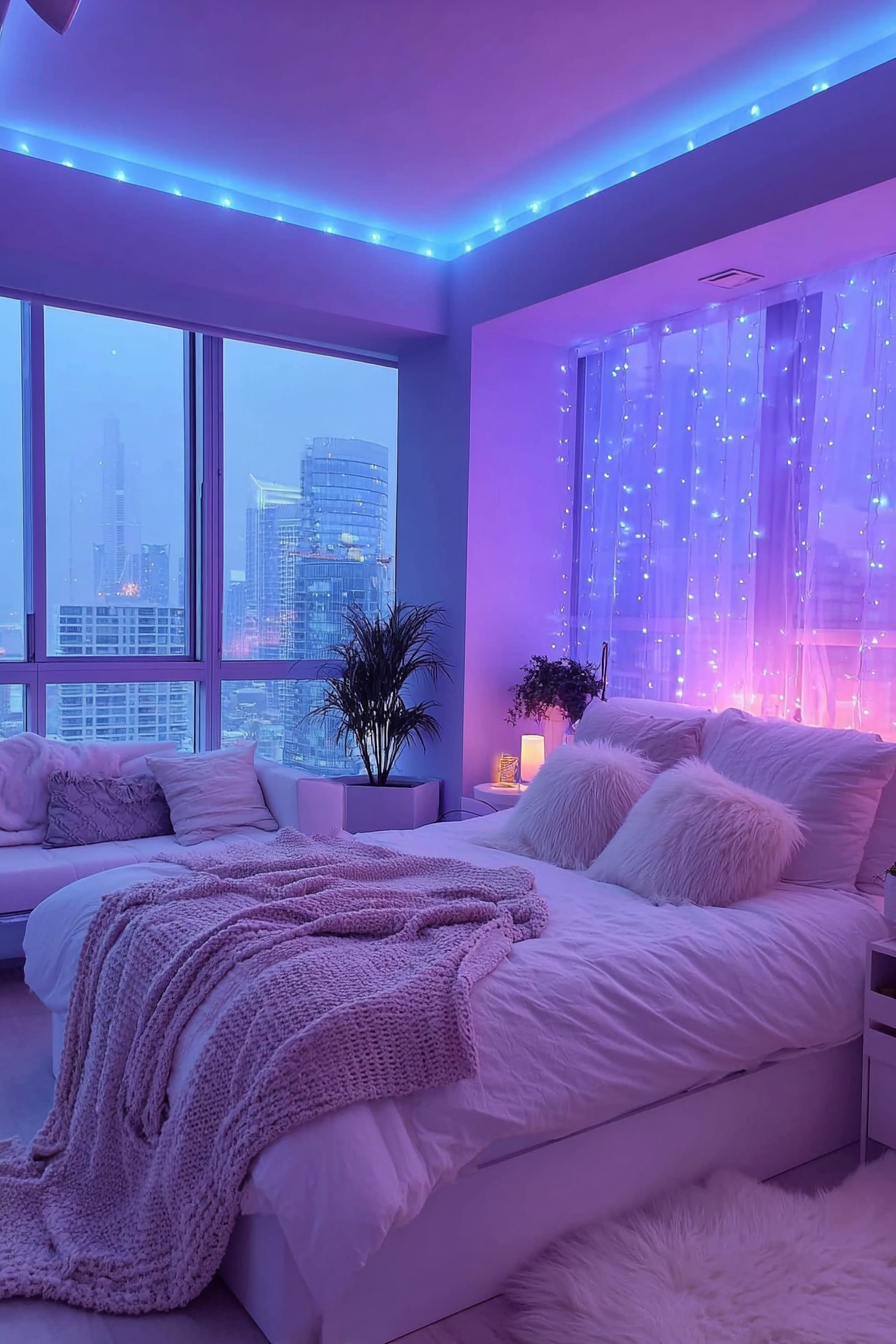 A bedroom with cascading blue and purple LED strips along the walls and ceiling, creating a soft gradient effect over white bedding and plush pillows