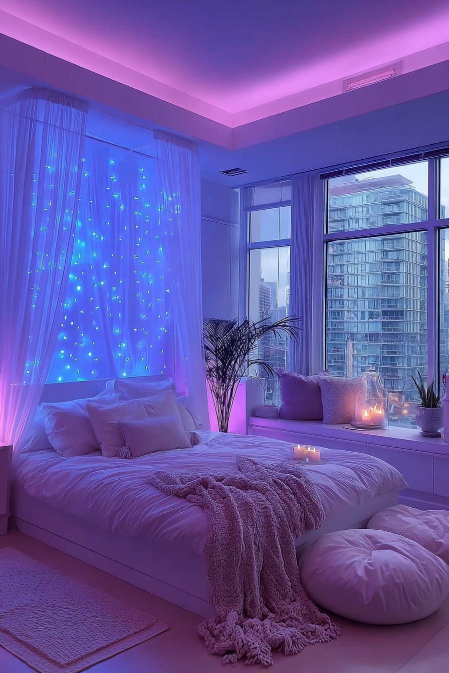A cozy bedroom corner with sheer LED curtains glowing with blue fairy lights, positioned by tall windows overlooking a city skyline