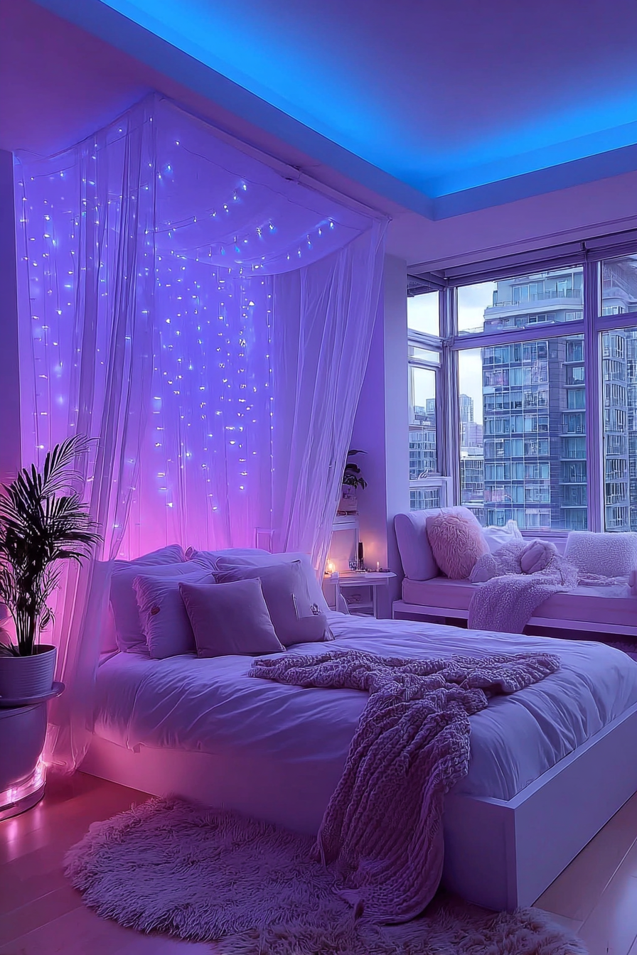 A bedroom corner featuring draped sheer fabric with cascading blue and purple LED lights, creating a cozy reading nook near windows