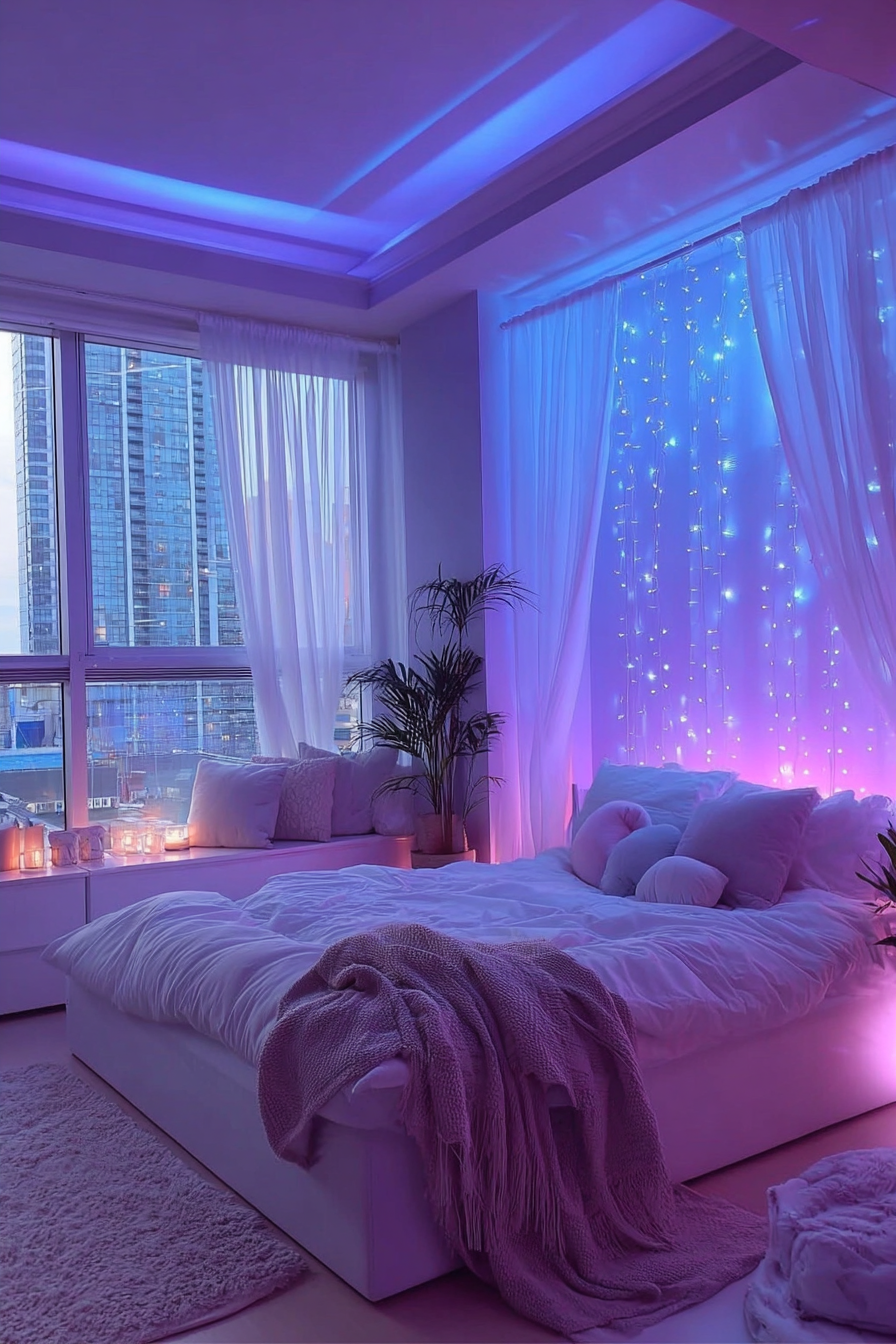 A serene bedroom bathed in adjustable purple and blue LEDs installed along ceiling beams and window treatments, with a plush bed and minimal decor