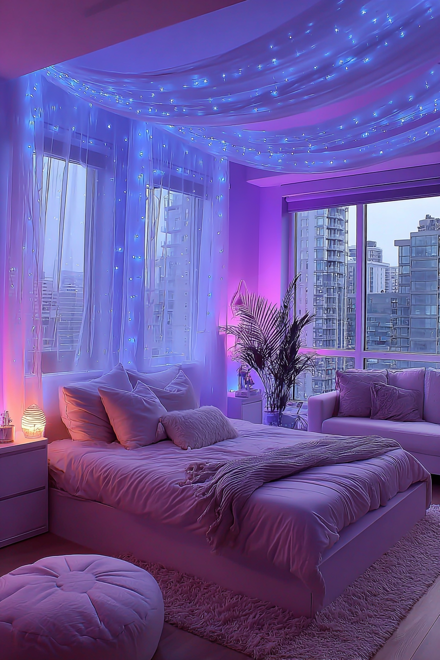 A luxe bed with purple and blue LED backlighting creating a radiant glow behind the headboard, surrounded by soft textiles and city views