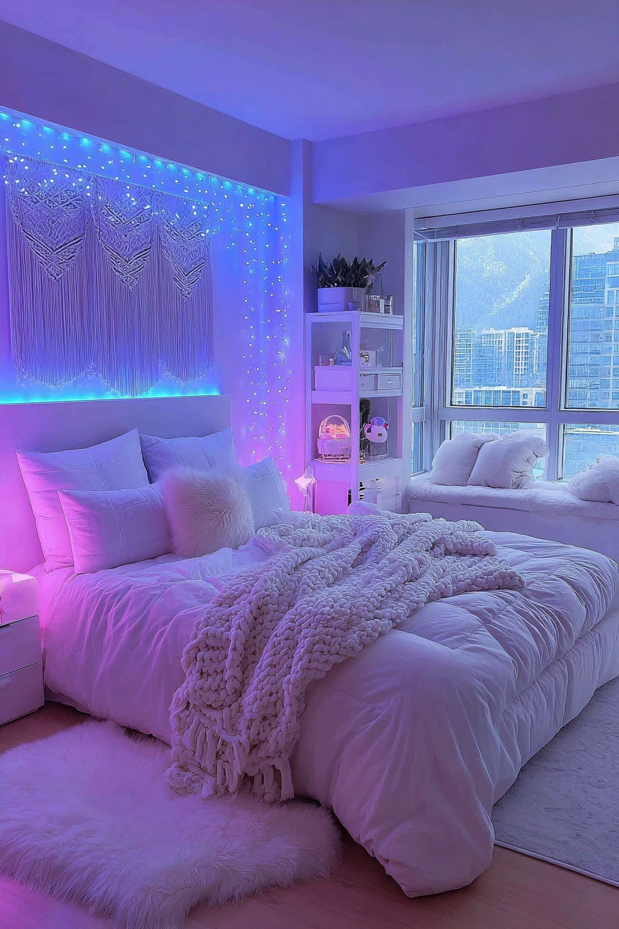 A modern bedroom featuring interconnected blue and purple LED strips creating geometric patterns on walls, with a macramé headboard and potted plant details