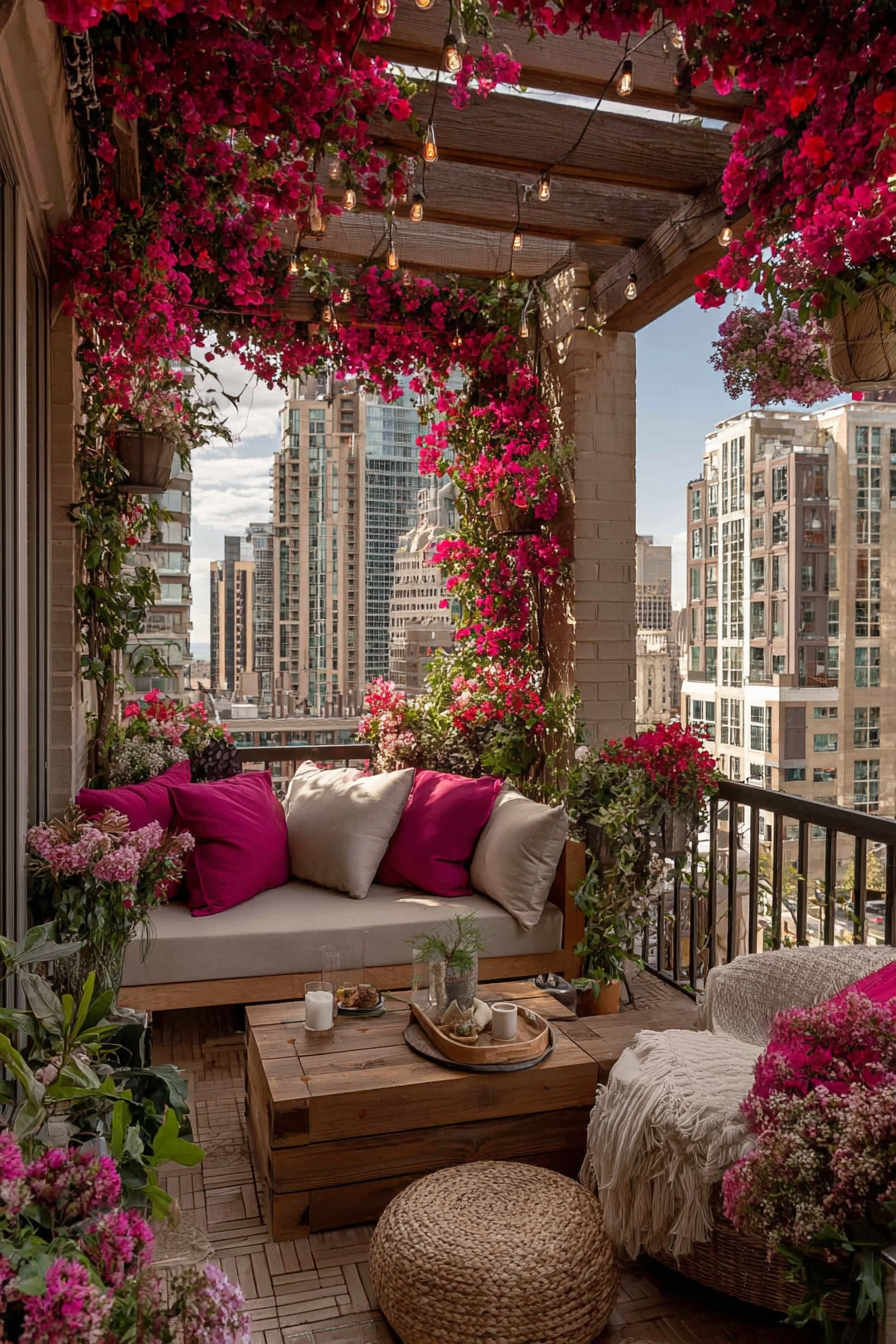Stunning balcony draped in vibrant magenta bougainvillea cascading overhead, with wooden pergola and pendant lights