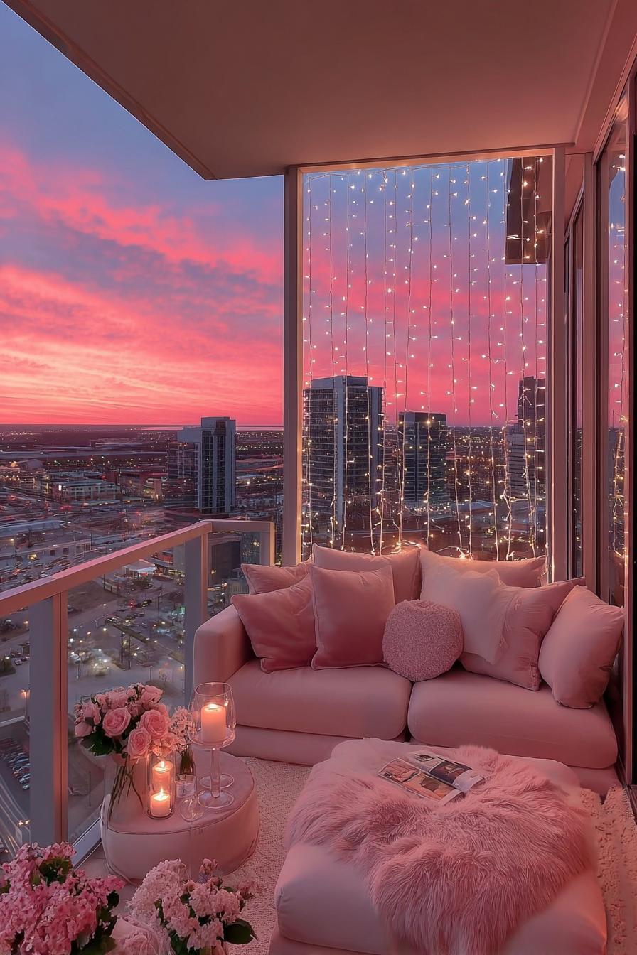 Blush-pink balcony seating at golden hour with coral cushions, string lights, and mountain sunset view