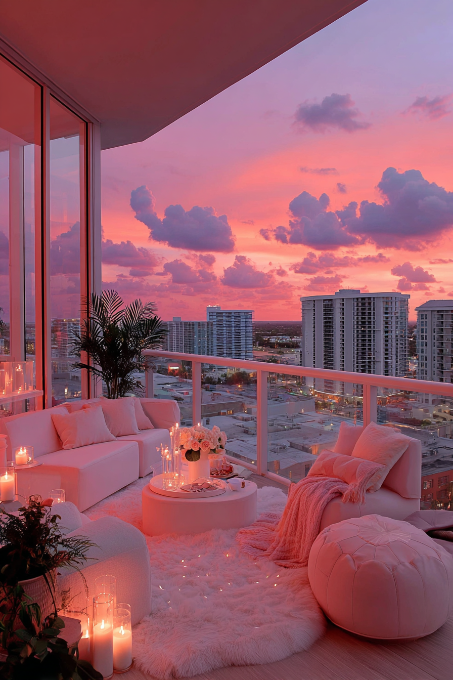 Minimalist pink balcony facing dramatic pink and orange sunset over a lake and mountains