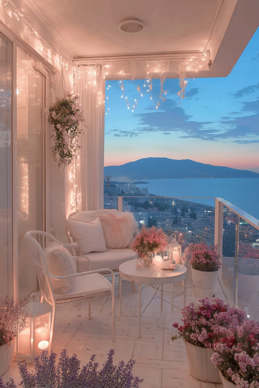 Balcony with woven rattan furniture, natural jute rug, and layered textures with city view