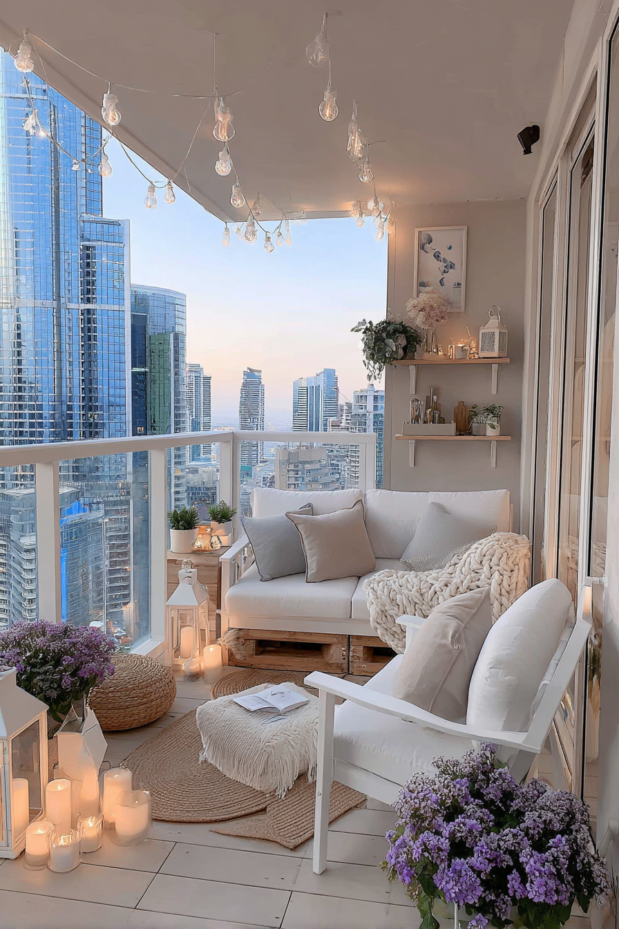 Minimalist neutral balcony with white seating, shelves, lavender flowers, and pendant lights with skyline view