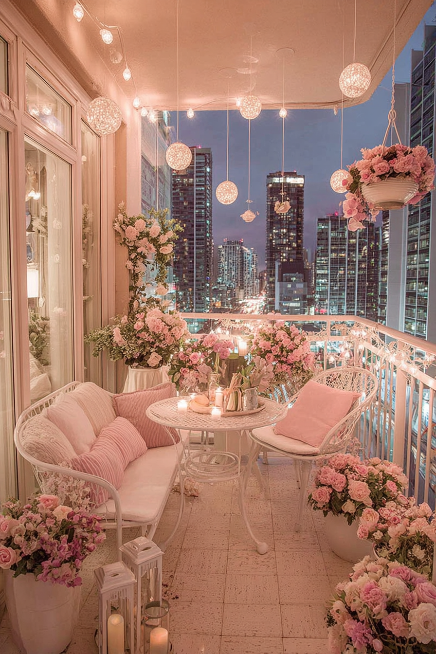 Pendant and string lights draped overhead on a pink-toned balcony with city skyline at dusk